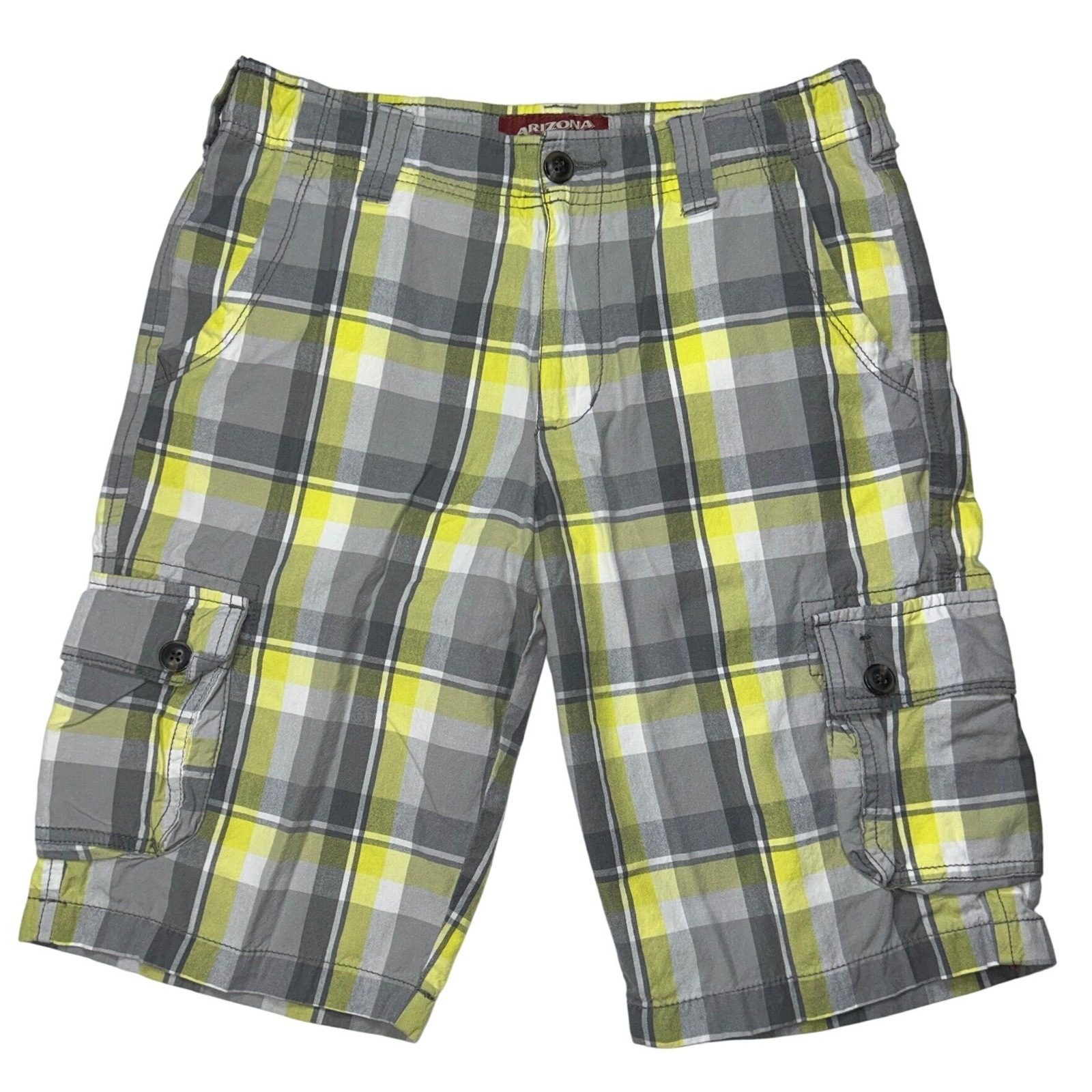 Arizona Plaid Cargo Shorts Gray Yellow Pockets Casual Kids Youth Size 20 Reg